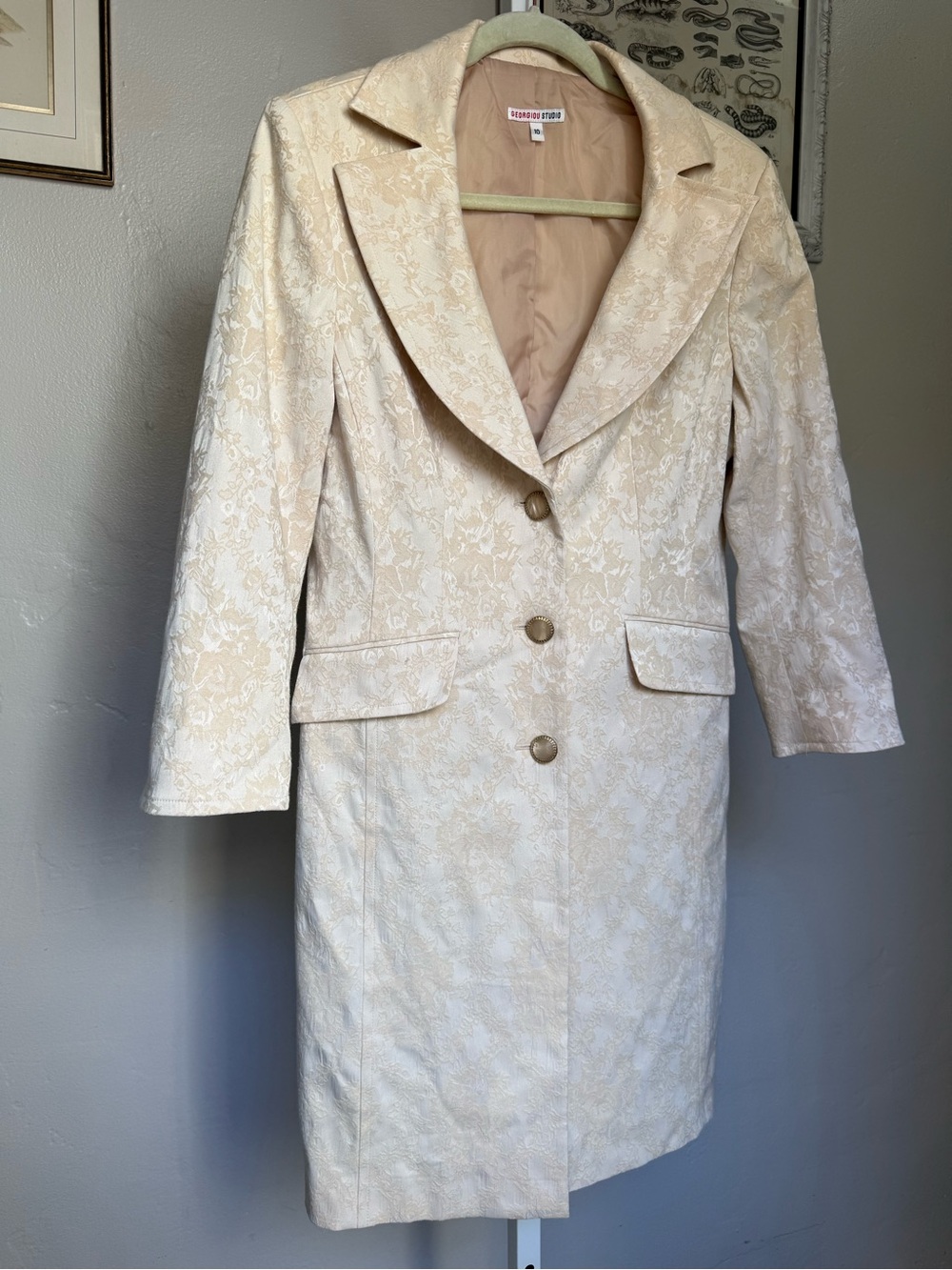 Georgiou Studio Vintage Ivory Floral Brocade Long Blazer Coat Size 10 - Picture 2 of 10